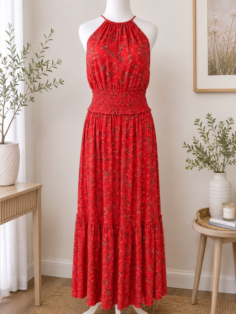 Lost + Wander Floral Halter Maxi Dress Smocked Waist Boho Small